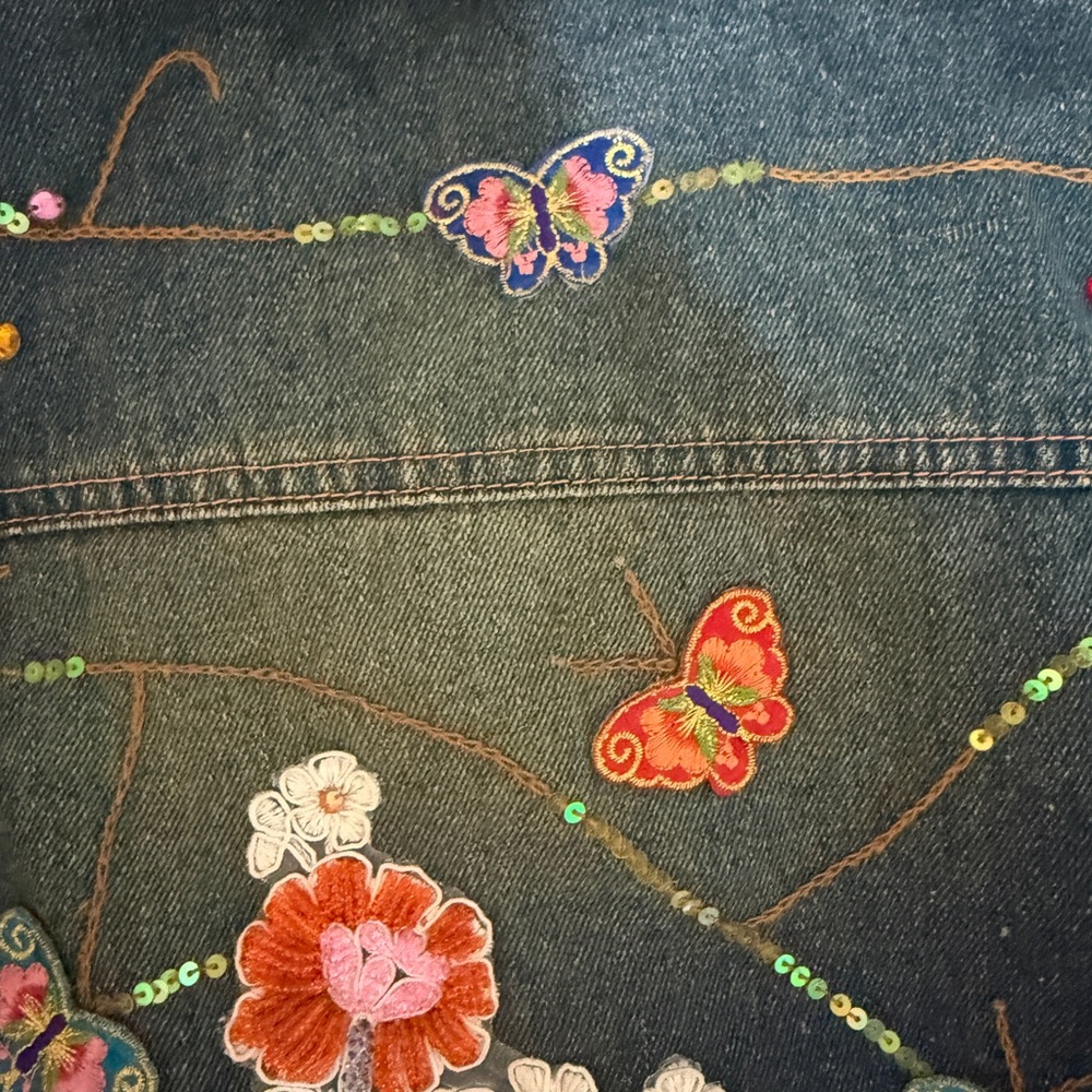 Vintage 90s Fur Denim Jacket Small Embroidered Patches, Beads Floral Butterfly - Picture 11 of 13